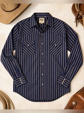 ELY Cattleman Men’s XL Western Pearl Snap Shirt Blue Striped Cowboy Long Sleeve